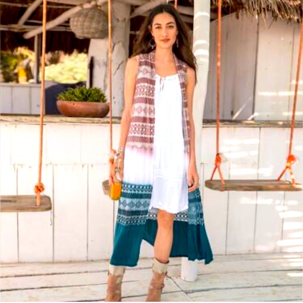 Sundance Ombré Die Embroidered Open Long Lightweight Boho Duster Mauve Teal M